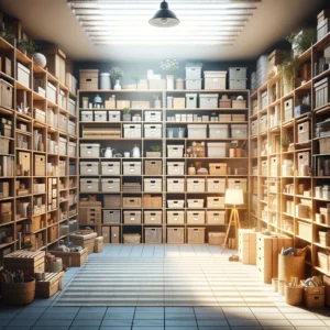 DALL·E 2024-02-28 17.45.26 – Visualize a beautifully organized storage room, where every item has its place. The room is illuminated with soft, natural light that highlights the n مخزون